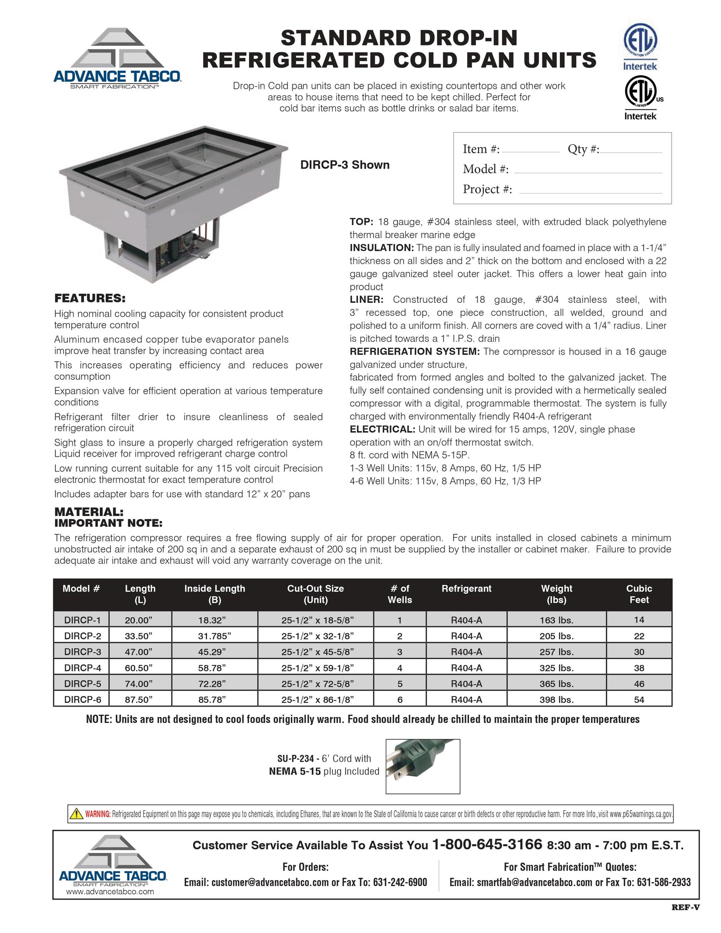 DIRCP-1: Cold Food Well Unit, Drop-In, Refrigerated