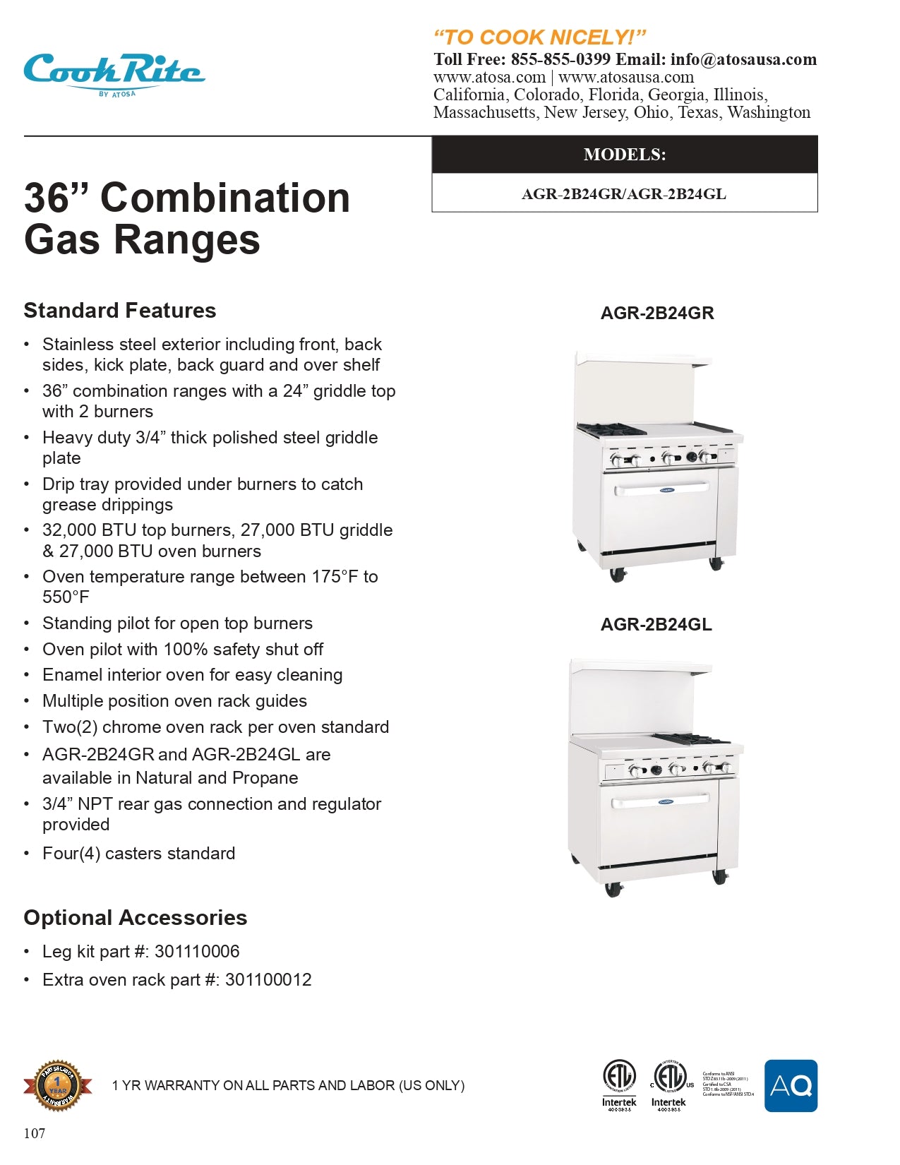 AGR-2B24GL: Range, 36", Gas