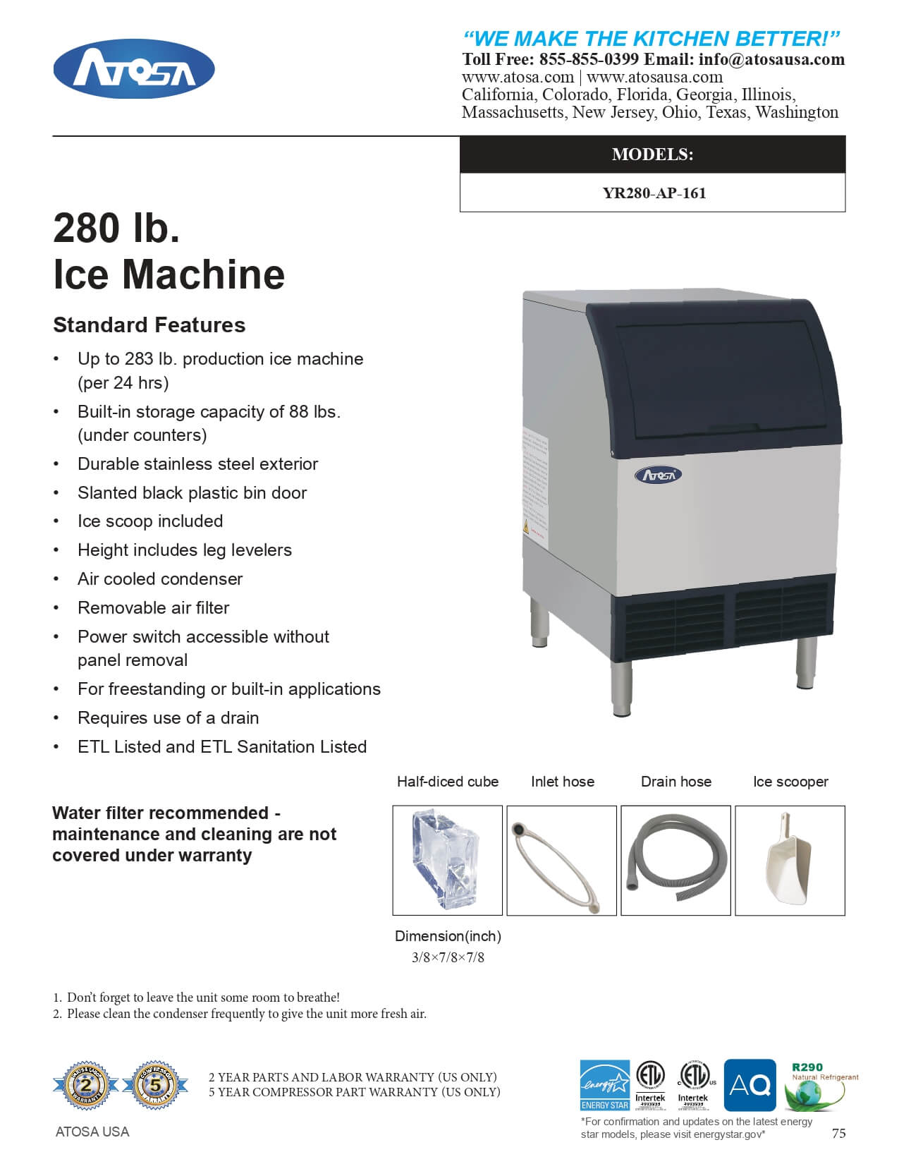 YR280-AP-161: Ice Maker with Bin, Cube-Style