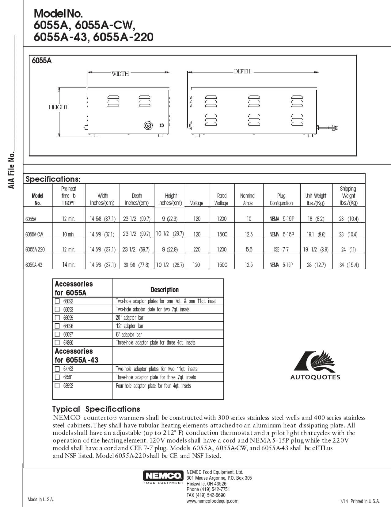 6055A: Food Pan Warmer, Countertop