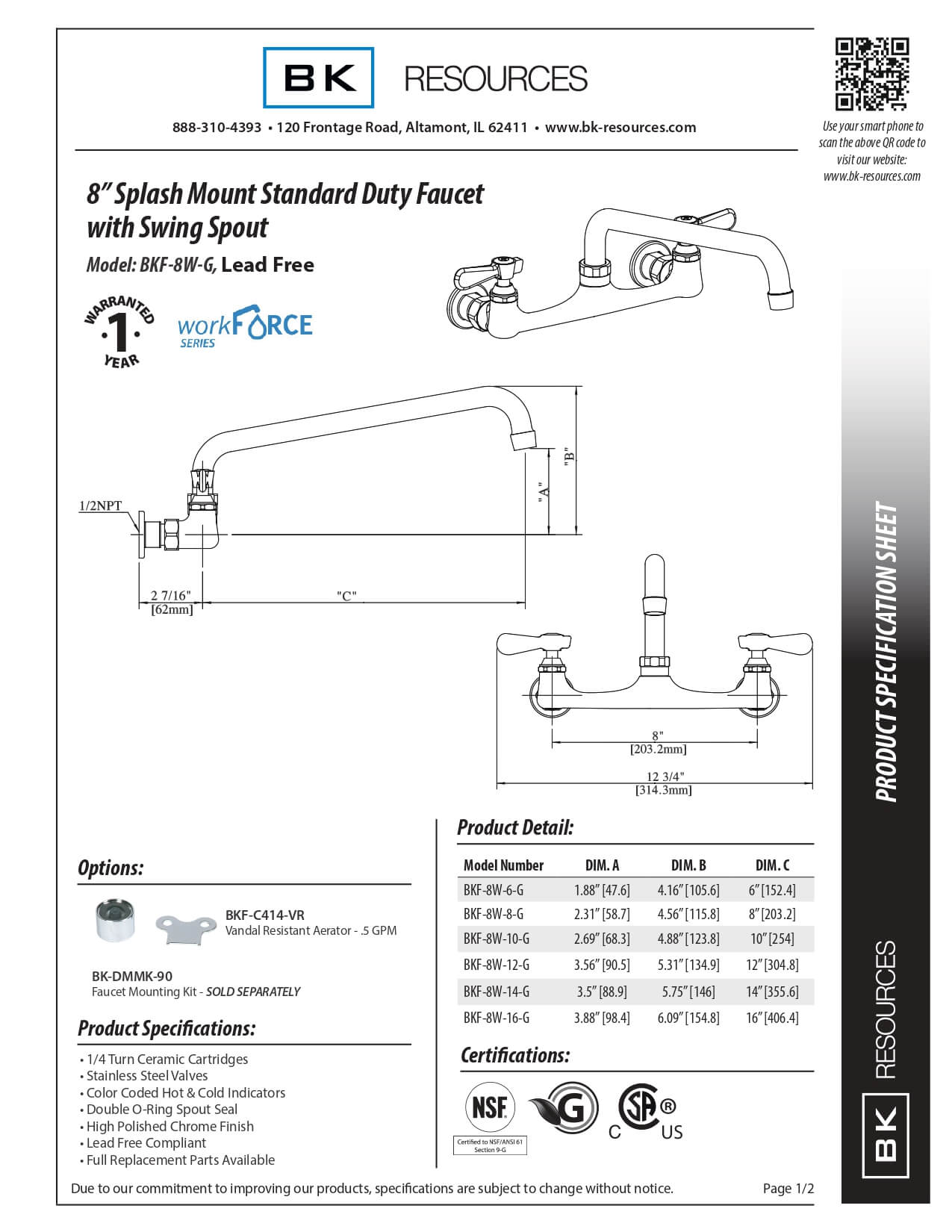 BKF-8W-10-G: Wall/Splash Mount Faucet