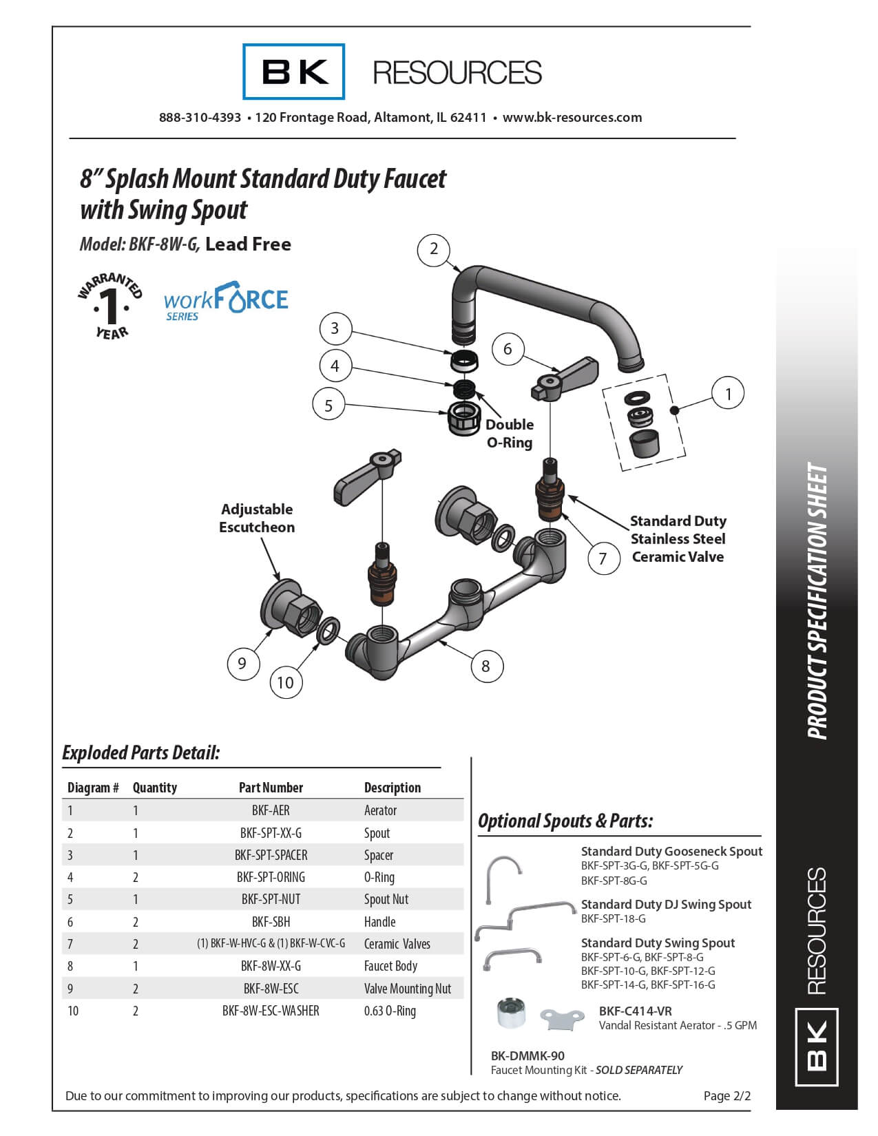 BKF-8W-10-G: Wall/Splash Mount Faucet