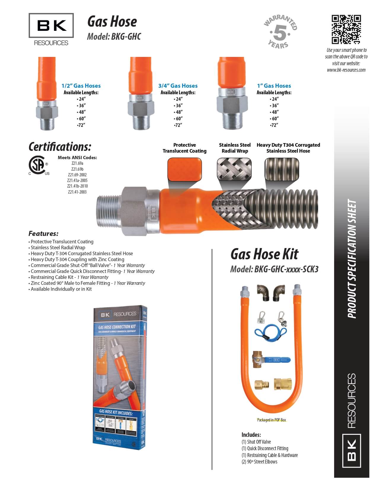 BKG-GHC-7548-SCK3: Gas Connector Hose Kit/Assembly