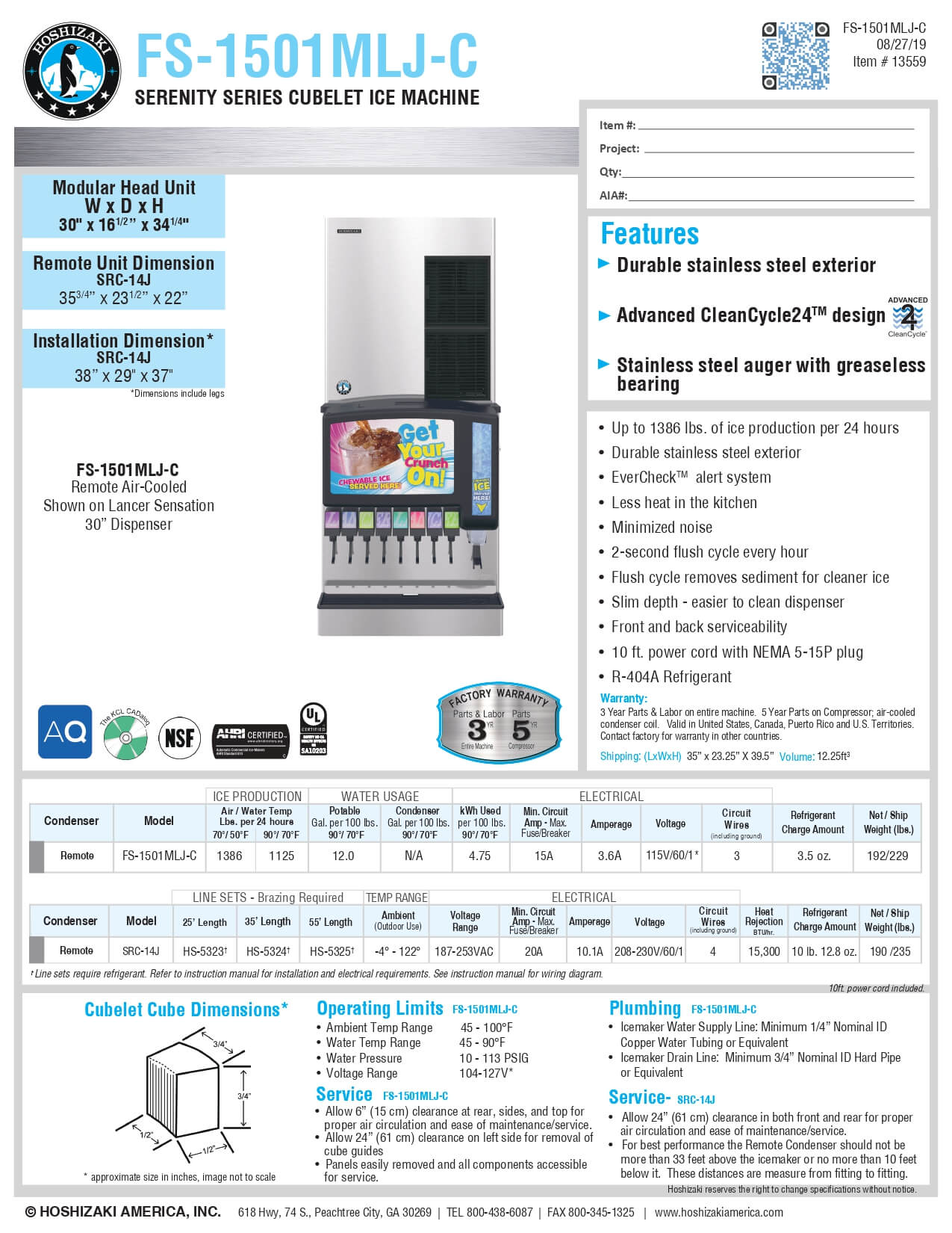 FS-1501MLJ-C: Ice Maker, Nugget-Style