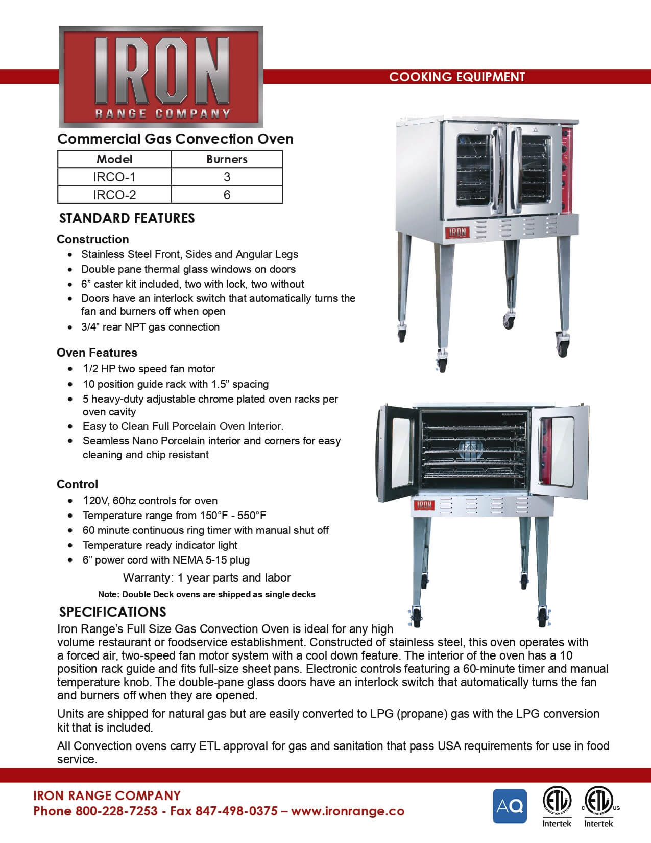 IRCO-1: Convection Oven, Gas