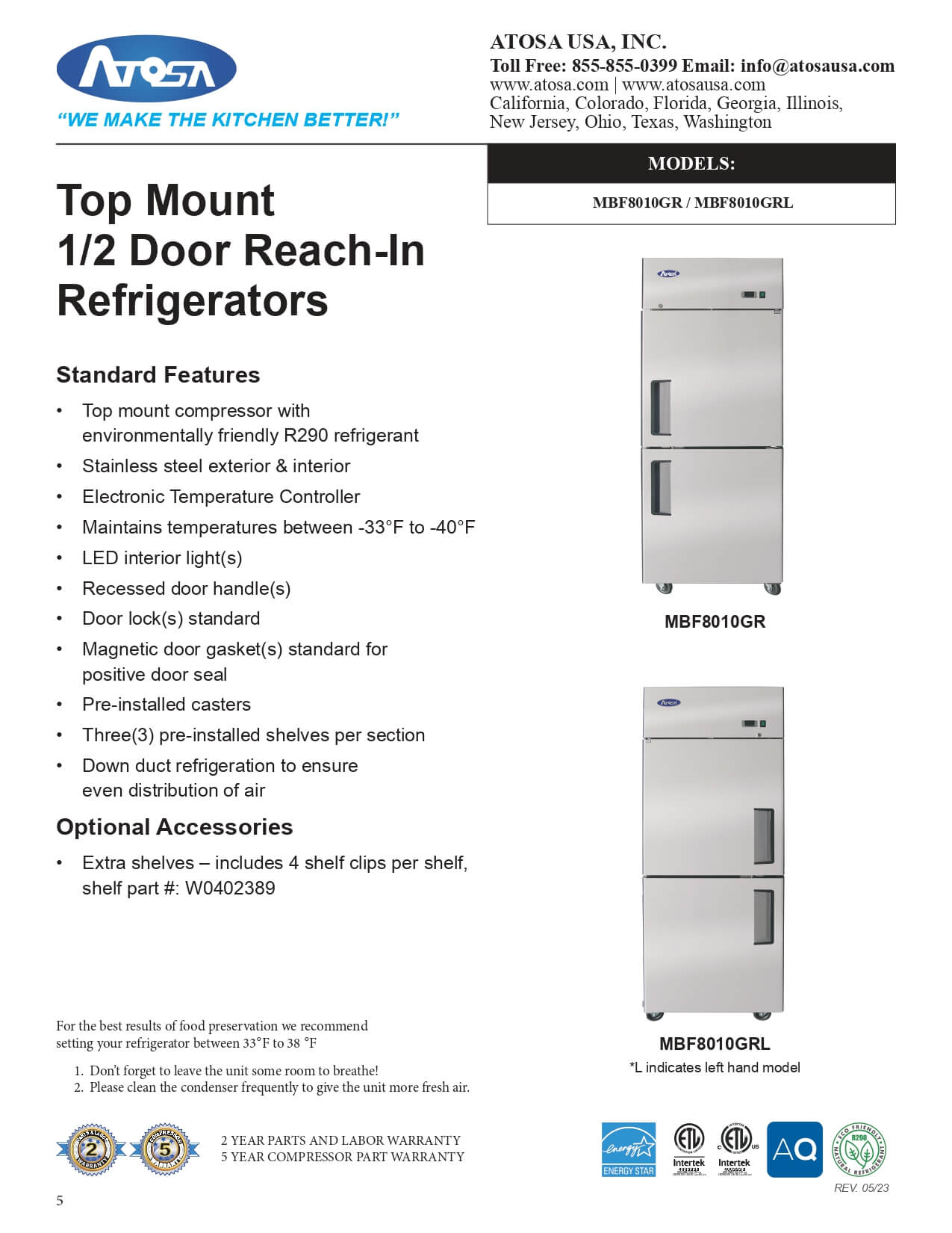 MBF8010GR: Refrigerator, Reach-In