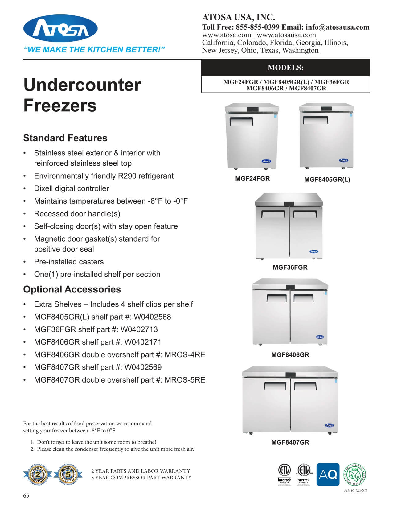 MGF8405GR: Undercounter Freezer, Reach-In