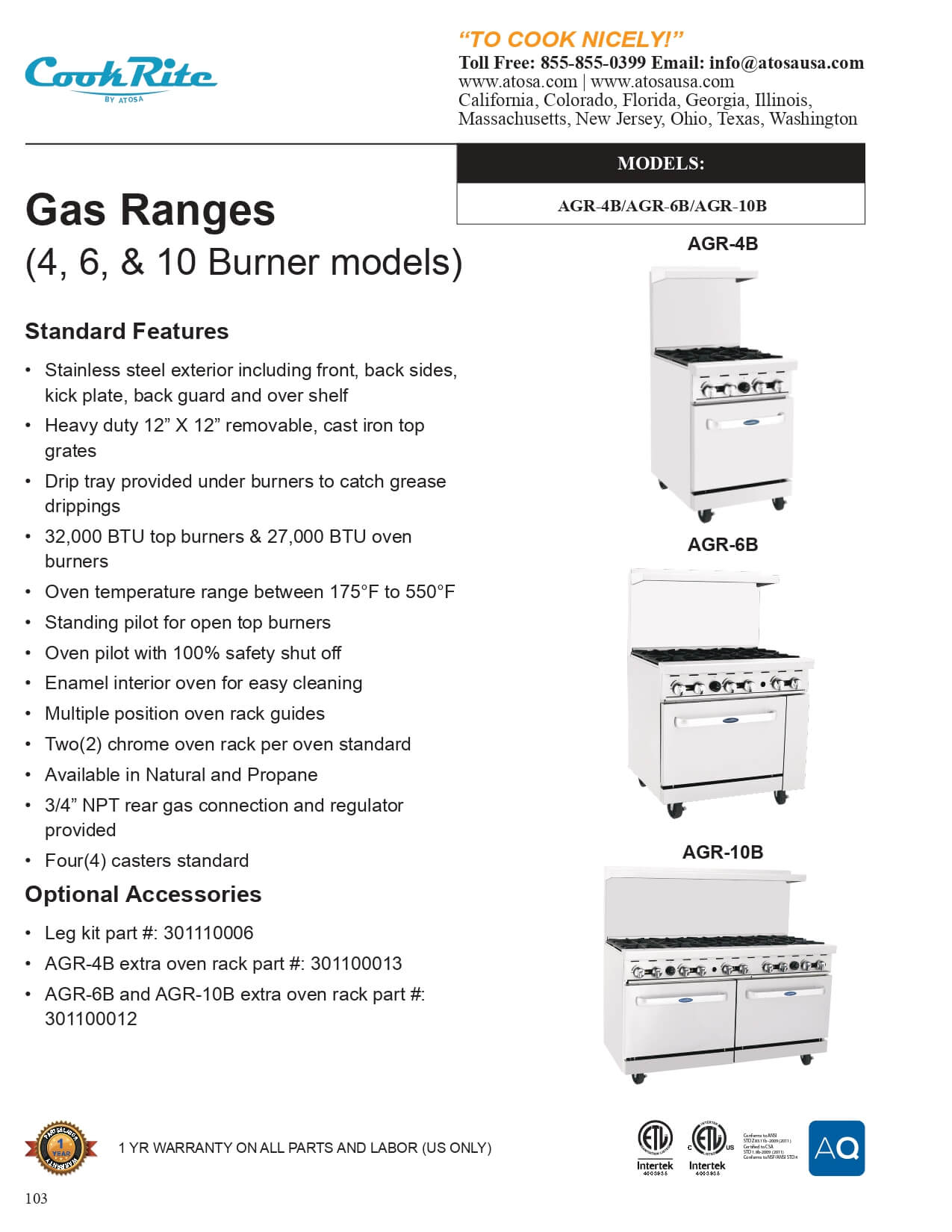 AGR-10B: Range, 60", Gas