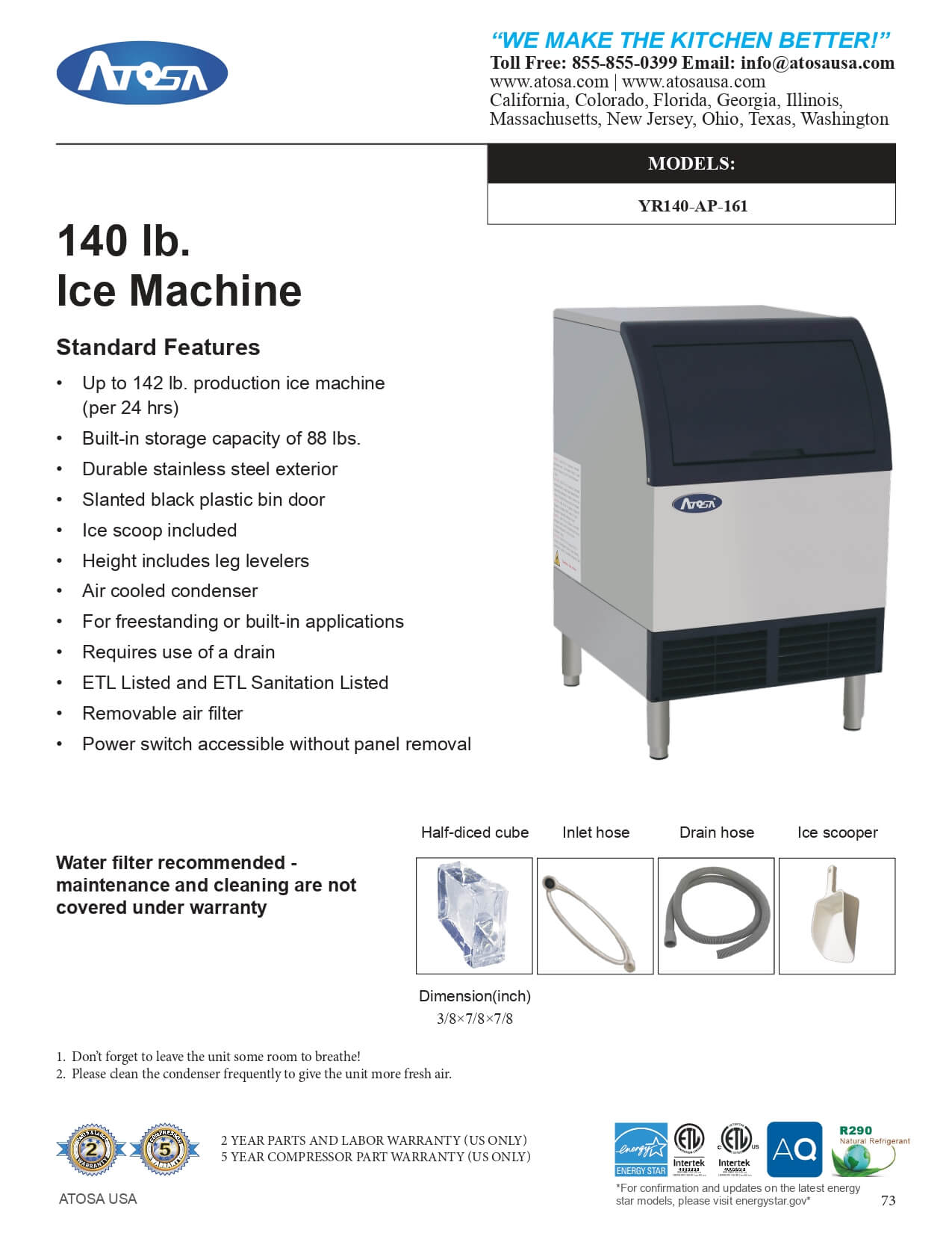 YR140-AP-161: Ice Maker with Bin, Cube-Style