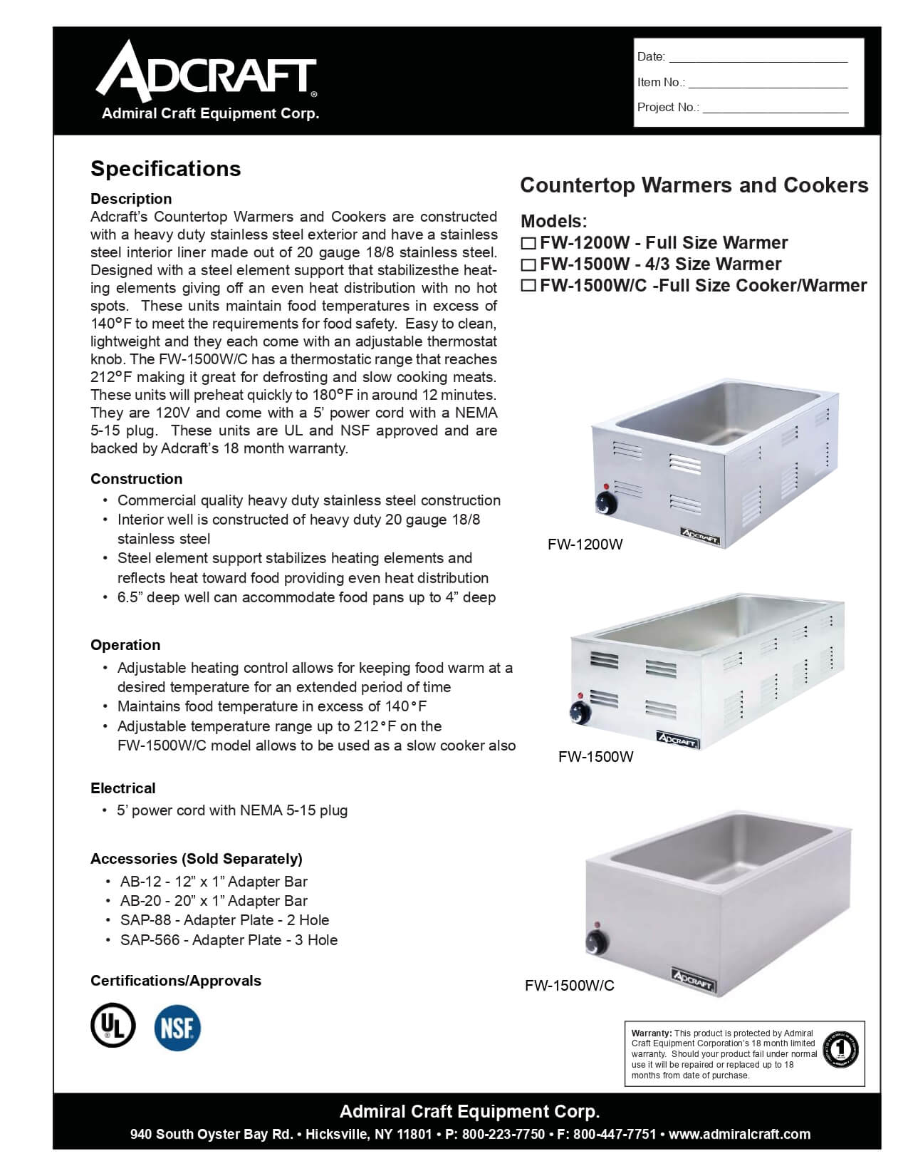 FW-1200W: Food Pan Warmer, Countertop